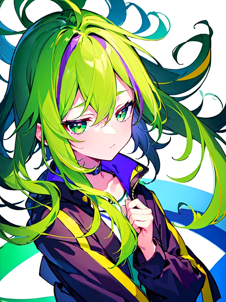 [(WHITE BACKGROUND:1.5),::5], ((((masterpiece)))), high quality, ultra very high resolution, full color, (((solo))), ((little boy)), Purple hair, ((Green streaked hair)), (Green eyes), anime, ((upper body)), neon light, black parka, 