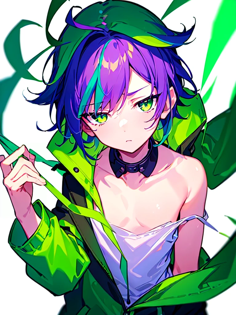 [(WHITE BACKGROUND:1.5),::5], ((((masterpiece)))), high quality, ultra very high resolution, full color, (((solo))), ((little boy)), Purple hair, ((Green streaked hair)), (Green eyes), anime, ((upper body)), neon light, black parka, 