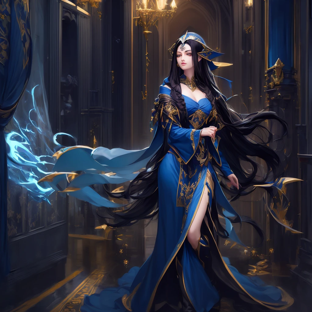 a woman with long black hair wearing a blue and gold hoodie, beautiful celestial mage, black - haired mage, in dark robes with gold accents, astral witch clothes, portrait knights of zodiac girl, wearing star filled mage robes, maya ali as a storm sorcerer, charlie bowater art style, as a dnd character, beautiful wizard