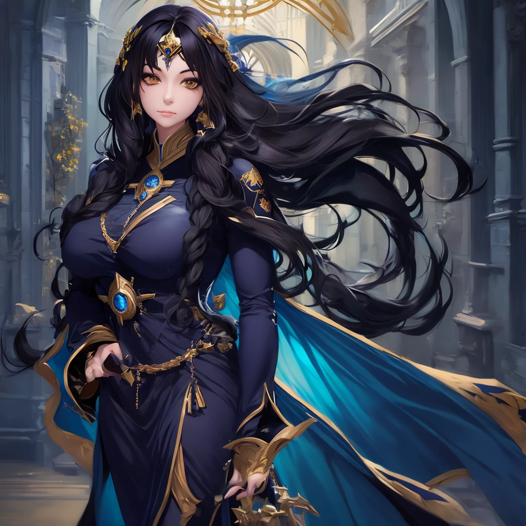 a woman with long black hair wearing a blue and gold hoodie, an anime drawing inspired by Charlie Bowater, tumblr, fantasy art, beautiful celestial mage, black - haired mage, in dark robes with gold accents, astral witch clothes, portrait knights of zodiac girl, wearing star filled mage robes, maya ali as a storm sorcerer, charlie bowater art style