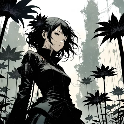 in style of Ashley Wood, Giant black lily，Central Composition，Close-up，graphic novels illustration