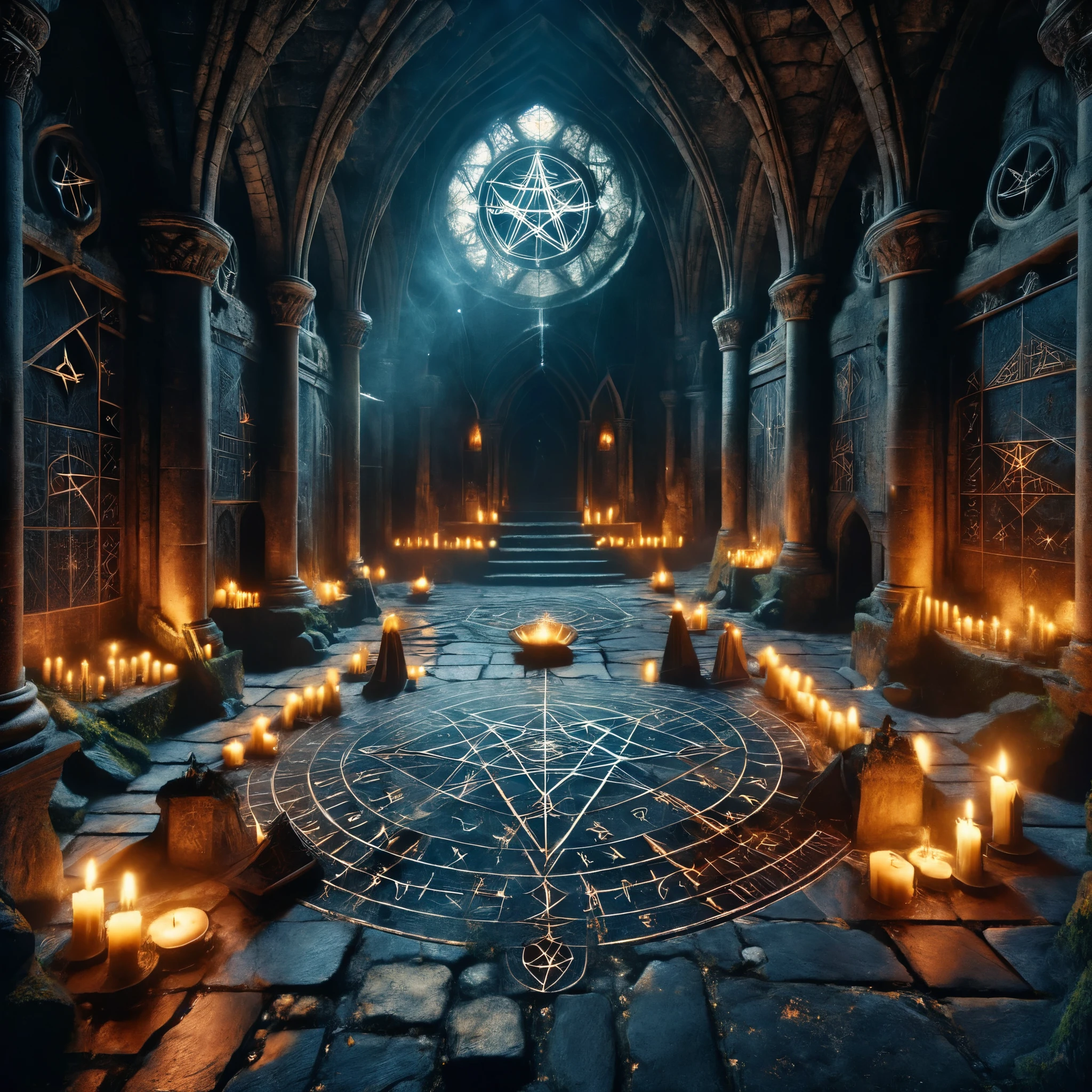 ais-rcn, A dark summoning chamber hidden beneath an abandoned castle, A large pentagram is carved into the stone floor., Like a movie surrounded by candles flickering in an invisible breeze.