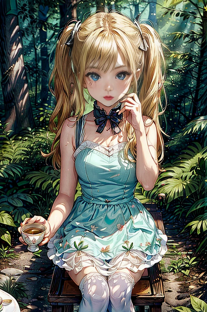 (masterpiece, best quality, fairy tale illustration:1.2), intricate details, 1girl, 25 years old Alice in Wonderland clothes, blue sleeveless dress, skinny, blonde hair, pigtails, blonde pigtails, black and white knee socks, ((sitting at a table in a forest, daytime)), ((drinking tea from a white porcelain cup)), 3/4 view, closeup