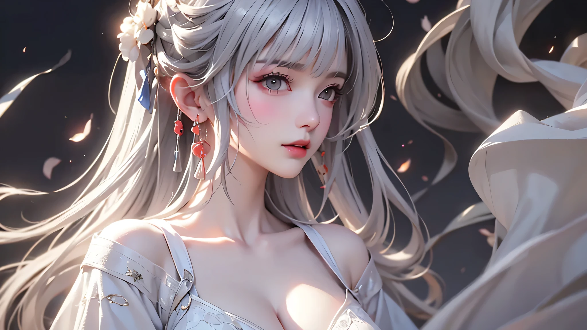 super high quality, masterpiece, Perfect illustration, Very detailed (Exquisite light and shadow, Very dramatic photo,Backlight) , ((Gray Hair:1.5))1 Girl,(( alone:1.6)), (Wearing Han clothes, Black and white Hanfu,Monotony,Long sleeve)  (White smoke:1.3) (Realistic:1.4), Official Art, unity 8k wallpaper, Very detailed, Beautiful and beautiful, masterpiece, Highest quality, (Dynamic Angle: 1.4), Glowing Skin, (Floating colorful flashes: 1) The most beautiful chaotic shapes, elegant, Brutalist Design, Bright colors, Romantic Depth of Field Exotic_dance, half_naked、Expose your shoulders、Ample breasts、Great cleavage、
