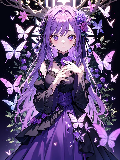 Purple dress，Girl，flower，Rich Background，Butterfly，forest