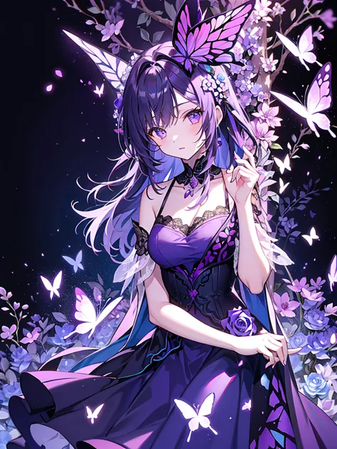 Purple dress，Girl，flower，Rich Background，Butterfly，forest