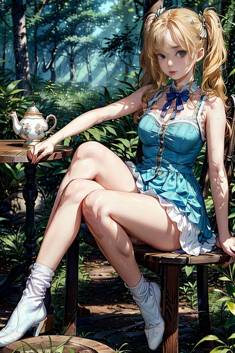 (masterpiece, best quality, fairy tale illustration:1.2), intricate details, 1girl, 25 years old Alice in Wonderland clothes, bl...