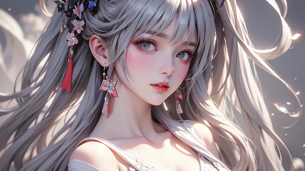 super high quality, masterpiece, Perfect illustration, Very detailed (Exquisite light and shadow, Very dramatic photo,Backlight) , ((Gray Hair:1.5))1 Girl,(( alone:1.6)), (Wearing Han clothes, Black and white Hanfu,Monotony,Long sleeve)  (White smoke:1.3) (Realistic:1.4), Official Art, unity 8k wallpaper, Very detailed, Beautiful and beautiful, masterpiece, Highest quality, (Dynamic Angle: 1.4), Glowing Skin, (Floating colorful flashes: 1) The most beautiful chaotic shapes, elegant, Brutalist Design, Bright colors, Romantic Depth of Field Exotic_dance, half_naked、Expose your shoulders、Ample breasts、Great cleavage、
