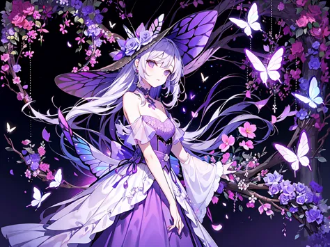 Purple dress，Girl，flower，Rich Background，Butterfly，forest