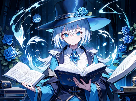 Blue Rose，Magic book，Pharmacy，juvenile，Magician，Magic Hat，Rich Background，forest