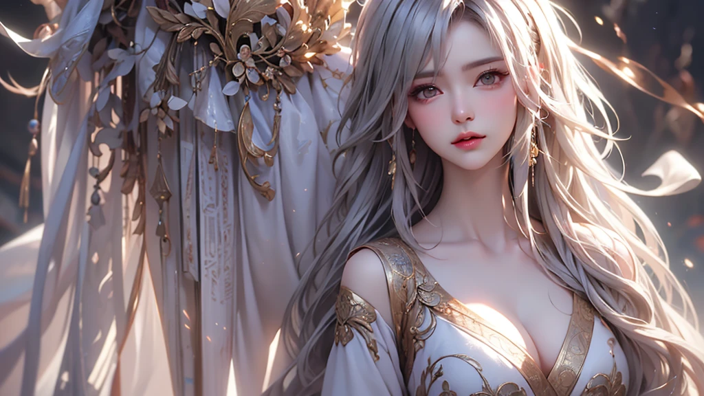 super high quality, masterpiece, Perfect illustration, Very detailed (Exquisite light and shadow, Very dramatic photo,Backlight) , ((Gray Hair:1.5))1 Girl,(( alone:1.6)), (Wearing Han clothes, Black and white Hanfu,Monotony,Long sleeve)  (White smoke:1.3) (Realistic:1.4), Official Art, unity 8k wallpaper, Very detailed, Beautiful and beautiful, masterpiece, Highest quality, (Dynamic Angle: 1.4), Glowing Skin, (Floating colorful flashes: 1) The most beautiful chaotic shapes, elegant, Brutalist Design, Bright colors, Romantic Depth of Field Exotic_dance, half_naked、Expose your shoulders、Ample breasts、Great cleavage、
