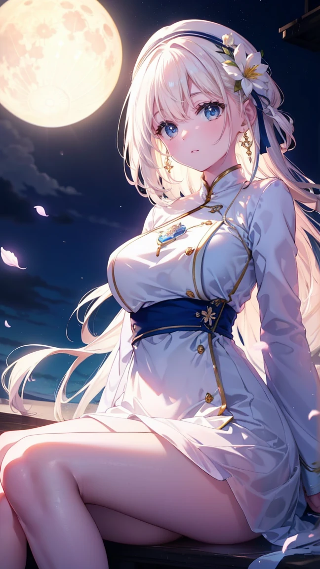  Highest quality, High resolution, unity 8k wallpaper, (shape:0.8), (Beautiful and beautiful eyes:1.6),Uplifting, Highly detailed face, Perfect lighting, Extremely detailed CG, (Perfect hands, Perfect Anatomy),With a bright full moon in the background、I will draw a beautiful woman with long, flowing white hair.。The figure is standing in a field of vibrant flowers and falling petals.、Sitting on the moon under the night sky、Looking down at the world below, it creates a surreal and fascinating scene.