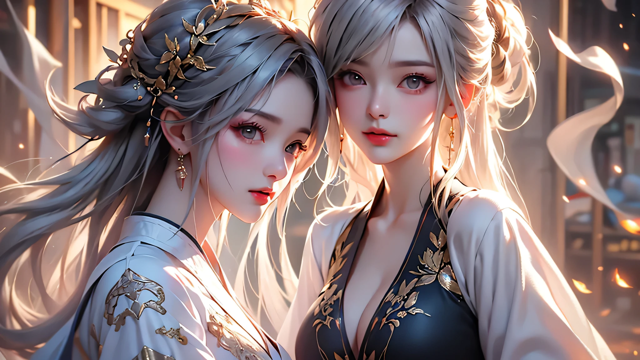 super high quality, masterpiece, Perfect illustration, Very detailed (Exquisite light and shadow, Very dramatic photo,Backlight) , ((Gray Hair:1.5))1 Girl,(( alone:1.6)), (Wearing Han clothes, Black and white Hanfu,Monotony,Long sleeve)  (White smoke:1.3) (Realistic:1.4), Official Art, unity 8k wallpaper, Very detailed, Beautiful and beautiful, masterpiece, Highest quality, (Dynamic Angle: 1.4), Glowing Skin, (Floating colorful flashes: 1) The most beautiful chaotic shapes, elegant, Brutalist Design, Bright colors, Romantic Depth of Field Exotic_dance, half_naked、Expose your shoulders、Ample breasts、Great cleavage、
