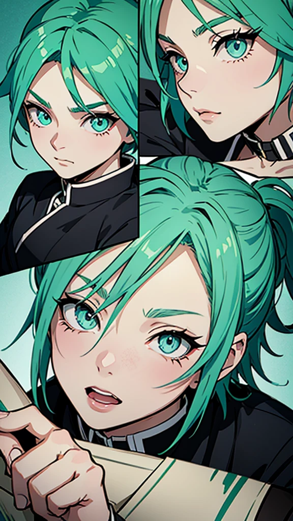 Screenshot kimetsu no yaiba. A girl who has short tousled hair that is a light aqua green color while her eyes are a bright green color, is a demon hunter