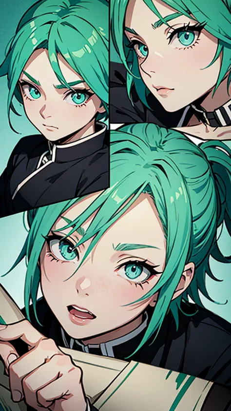 screenshot kimetsu no yaiba. a girl who has short tousled hair that is a light aqua green color while her eyes are a bright gree...