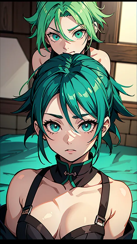 screenshot kimetsu no yaiba. a girl who has short tousled hair that is a light aqua green color while her eyes are a bright gree...