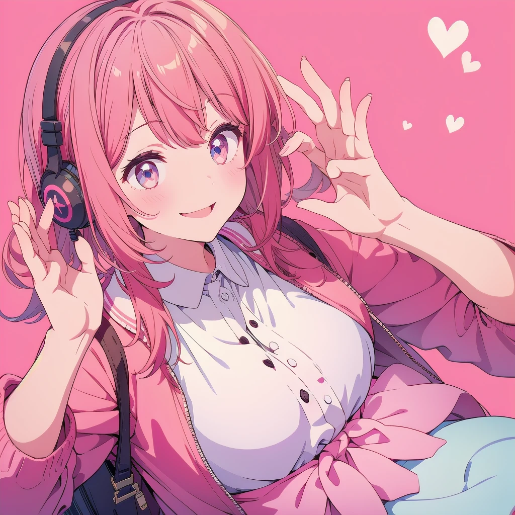 1girl、Big Peace Sign、Small breastsｍ、Simple Background、smile、headphone、