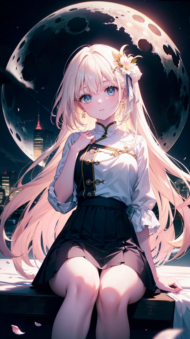 Highest quality, High resolution, unity 8k wallpaper, (shape:0.8), (Beautiful and beautiful eyes:1.6),Uplifting, Highly detailed face, Perfect lighting, Extremely detailed CG, (Perfect hands, Perfect Anatomy),With a bright full moon in the background、I will draw a beautiful woman with long, flowing white hair.。The figure is surrounded by vibrant flowers and falling petals.、Sitting on the moon under the night sky,A view into the heavens, creating a surreal and enchanting scene