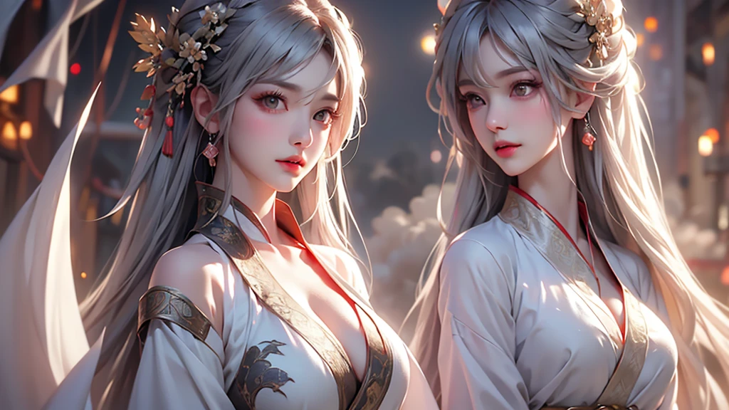 super high quality, masterpiece, Perfect illustration, Very detailed (Exquisite light and shadow, Very dramatic photo,Backlight) , ((Gray Hair:1.5))1 Girl,(( alone:1.6)), (Wearing Han clothes, Black and white Hanfu,Monotony,Long sleeve)  (White smoke:1.3) (Realistic:1.4), Official Art, unity 8k wallpaper, Very detailed, Beautiful and beautiful, masterpiece, Highest quality, (Dynamic Angle: 1.4), Glowing Skin, (Floating colorful flashes: 1) The most beautiful chaotic shapes, elegant, Brutalist Design, Bright colors, Romantic Depth of Field Exotic_dance, half_naked、Expose your shoulders、Ample breasts、Great cleavage、
