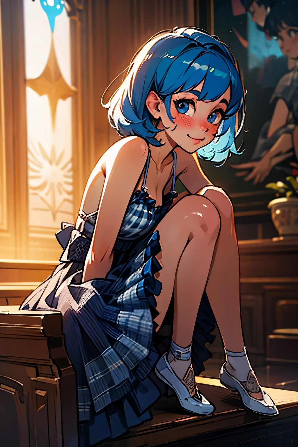 Beautiful girl, Highly detailed beautiful face, Smiling, Blushing, Blue hair, Looking at viewer, , (Ruffled checkered lolita dress), Sitting, Legs spread and knees bent, Arms folded behind back, ((White thong)), Chapel, Indoors, Best quality, Masterpiece, Absurd, High resolution, Ultra detailed, Very detailed, 32k, 8k resolution, Intricate details, Cinematic scene, Detailed background, Solo, Dynamic angle, (Realistic), Front view