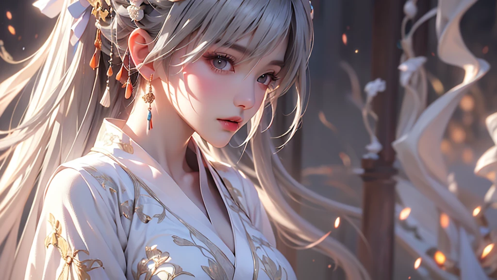 super high quality, masterpiece, Perfect illustration, Very detailed (Exquisite light and shadow, Very dramatic photo,Backlight) , ((Gray Hair:1.5))1 Girl,(( alone:1.6)), (Wearing Han clothes, Black and white Hanfu,Monotony,Long sleeve)  (White smoke:1.3) (Realistic:1.4), Official Art, unity 8k wallpaper, Very detailed, Beautiful and beautiful, masterpiece, Highest quality, (Dynamic Angle: 1.4), Glowing Skin, (Floating colorful flashes: 1) The most beautiful chaotic shapes, elegant, Brutalist Design, Bright colors, Romantic Depth of Field Exotic_dance, half_naked、Expose your shoulders、Ample breasts、Great cleavage、Lean forward
