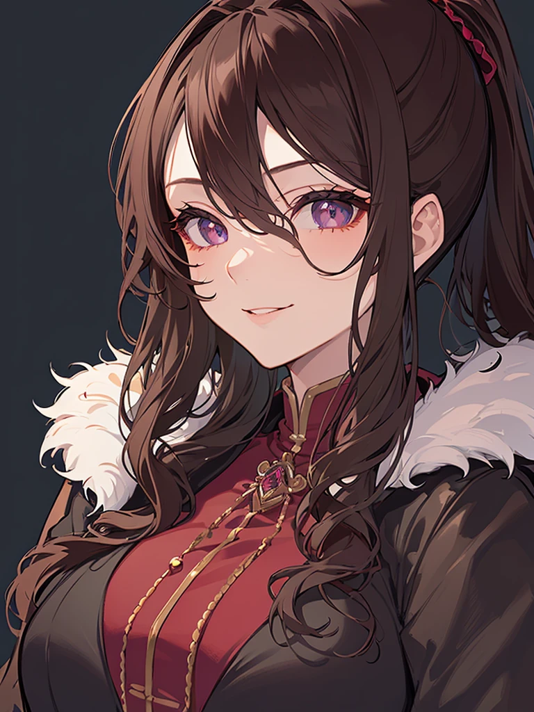 ((masterpiece)), ((best quality)), 1girl, adult, long hair, big bust, ((brown hair)), ((intimidant look)), ((close-up)), profile image, black and red clothes, sexy, dark colors, ((coat with fur)), ((wavy hair)), exposed skin, ((sexy pose)), good anatomy, ((dark sage clothes)), ((straight cut bangs)), emotionless, intimidant, ((beautiful eyes)), castle background, close up, ((detailed eyes)), ((detailed face)), hair bang, frontal look, relaxed, smile, queen, ponytail, violet eyes