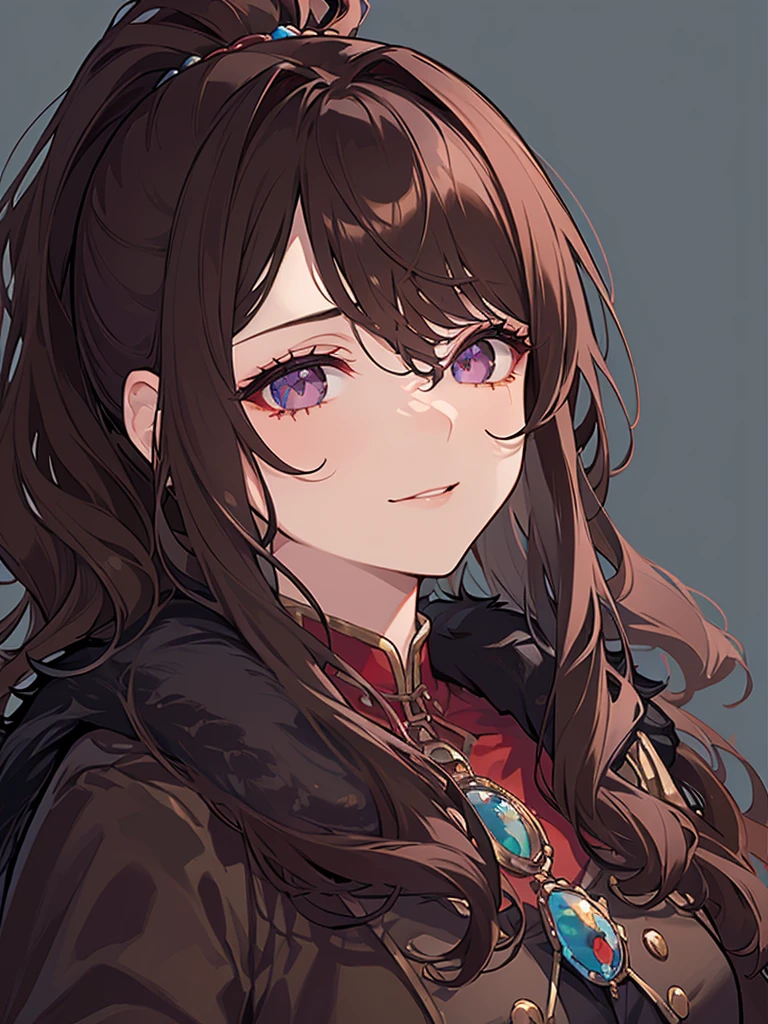 ((masterpiece)), ((best quality)), 1girl, adult, long hair, big bust, ((brown hair)), ((intimidant look)), ((close-up)), profile image, black and red clothes, sexy, dark colors, ((coat with fur)), ((wavy hair)), exposed skin, ((sexy pose)), good anatomy, ((dark sage clothes)), ((straight cut bangs)), emotionless, intimidant, ((beautiful eyes)), castle background, close up, ((detailed eyes)), ((detailed face)), hair bang, frontal look, relaxed, smile, queen, ponytail, violet eyes