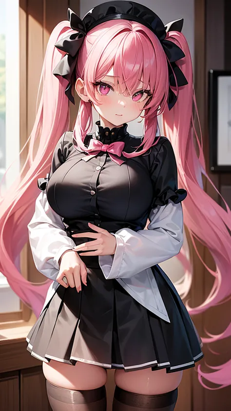 (highest quality,super detailed,girl),wearing black stockings,pink hair,height: 160cm,cute,pink eyes,twin tails,big breasts,she ...