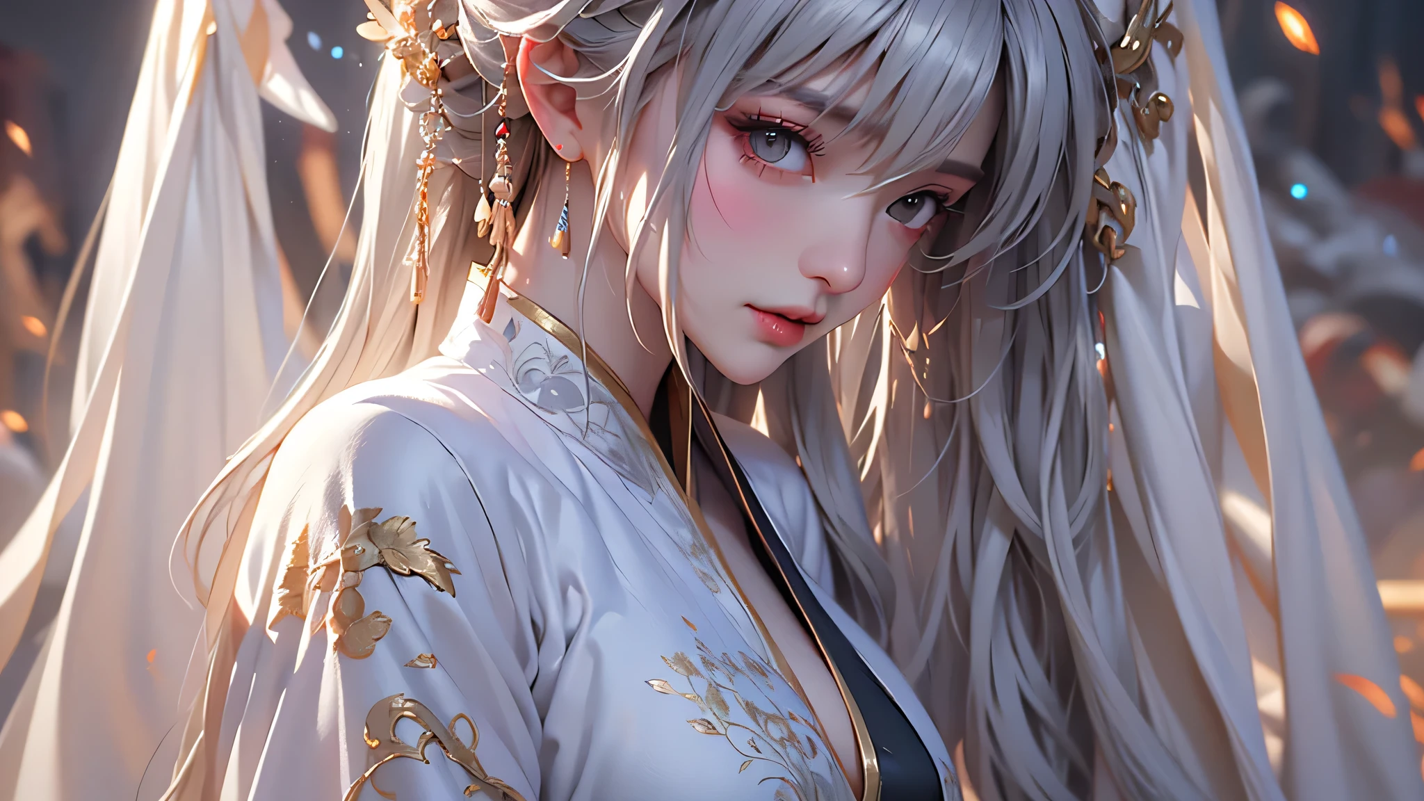 super high quality, masterpiece, Perfect illustration, Very detailed (Exquisite light and shadow, Very dramatic photo,Backlight) , ((Gray Hair:1.5))1 Girl,(( alone:1.6)), (Wearing Han clothes, Black and white Hanfu,Monotony,Long sleeve)  (White smoke:1.3) (Realistic:1.4), Official Art, unity 8k wallpaper, Very detailed, Beautiful and beautiful, masterpiece, Highest quality, (Dynamic Angle: 1.4), Glowing Skin, (Floating colorful flashes: 1) The most beautiful chaotic shapes, elegant, Brutalist Design, Bright colors, Romantic Depth of Field Exotic_dance, half_naked、Expose your shoulders、Ample breasts、Great cleavage、Lean forward
