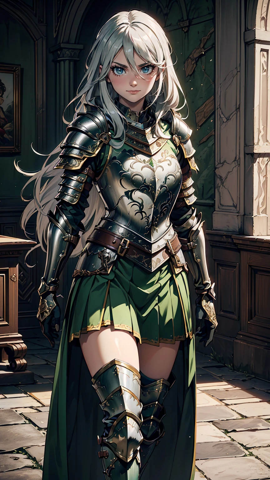 最high quality、Ultra High Definition, Ultra High Quality, Hyper Definition, Hyper Quality, Hyper Detailed, Extremely Detailed, Perfectly Detailed, Best image quality、masterpiece、anime woman((20-year-old、super dynamic pose , Green solid eyes, Silver long Hair、Disheveled Hair、Long White Hair,  Glove、Green Skirt, Noble Armor, Smirk, cheerful expression, Detailed Cuirass , Dressed in Full Coverage Noble Plate Armor, leg armor)),high quality、Beautiful art、background((Inside the mansion))、Written boundary depth、  movie、Visual Arts、Perfect art、8K,Genuine、