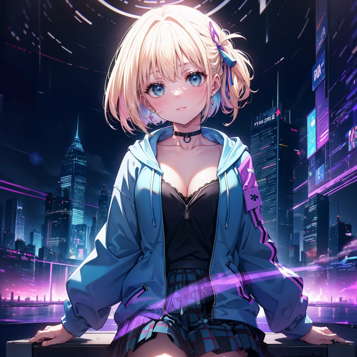 Absurd,High resolution,Highest quality,(One Girl),Tabletop,(Abstract art:1.4),(Psychedelic Theme:1.6),(Nostalgic scenery:1.4)(Cyber City:1.3),(Near future city:1.3),Ultra-detailed,Bright colors,Anime Face,Very beautiful face and eyes,Mischievous Smile,(Blonde:1.4),(Short low twin tail ),(Open hoodie),(Cleavage),Blushing,(blue eyes:1.3),Late at night,(Starry Sky),Building lighting,choker,Small earrings,(Checkered Pleated Skirt),Night Sky,(Futuristic landscape),Cinema Lighting,FXAA,