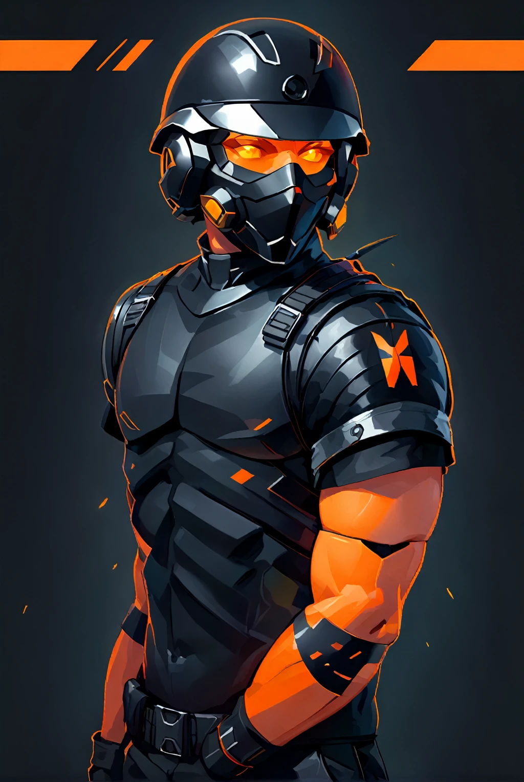 Anime style, better effects, 8k, better lighting, vivid colors. man with arms crossed, black clothing and military helmet with a orange visior, front view, background black, character sheet