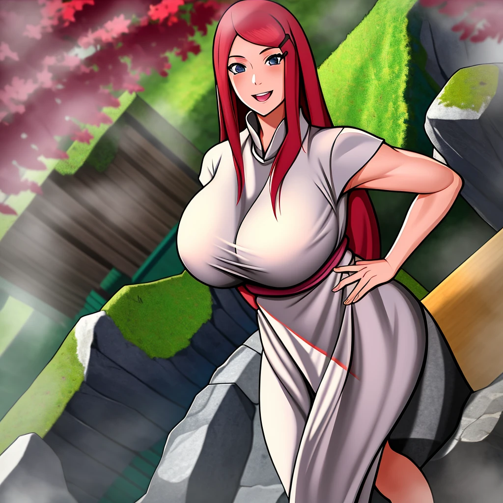 uzumaki_kushina, grande_seios, de pé, Sozinho, kushina_verde_vestir, obra de arte, melhor qualidade, rosto detalhado, olhos detalhados, alta resolução, sorriso, feliz, árvores de cerejeira, fontes termais, peito gigante realista, ponto de vista,