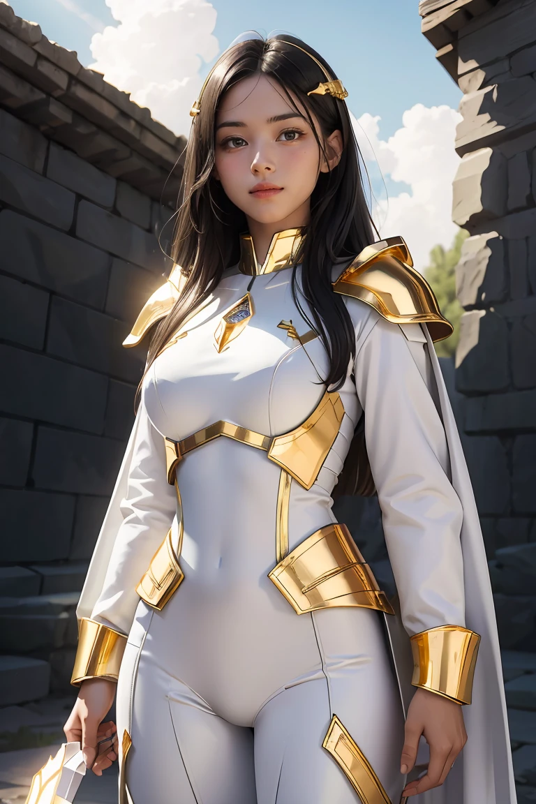 ((masterpiece, best quality, extremely detailed), volumetric lighting, ambient occlusion, colorful, glowing), 1girl, solo, young girl, (dark hair), long hair, halo, aura, sacred, goddess, cleric suit, (white outfit with gold detailst:1.3), armor, outdoors, sunset, sky, clouds, space, (fantasy theme:1.2), full armor