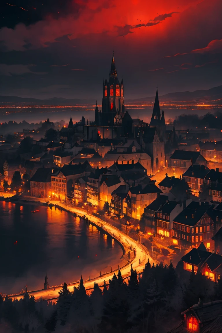 old European village shot with bird view, (Red glowing eyes), masterpiece, Depth of written boundary, Lutz, Gwaites style artwork, Gothic aesthetics, Dark Vampire village, ((in the dark gothic style cathle:1)), ((dark mid-night time:1.5)),