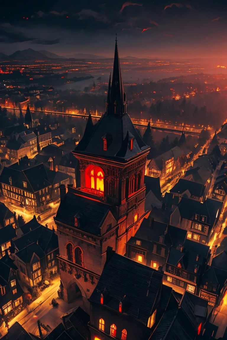 old European village shot with bird view, (Red glowing eyes), masterpiece, Depth of written boundary, Lutz, Gwaites style artwork, Gothic aesthetics, Dark Vampire village, ((in the dark gothic style cathle:1)), ((dark mid-night time:1.5)),