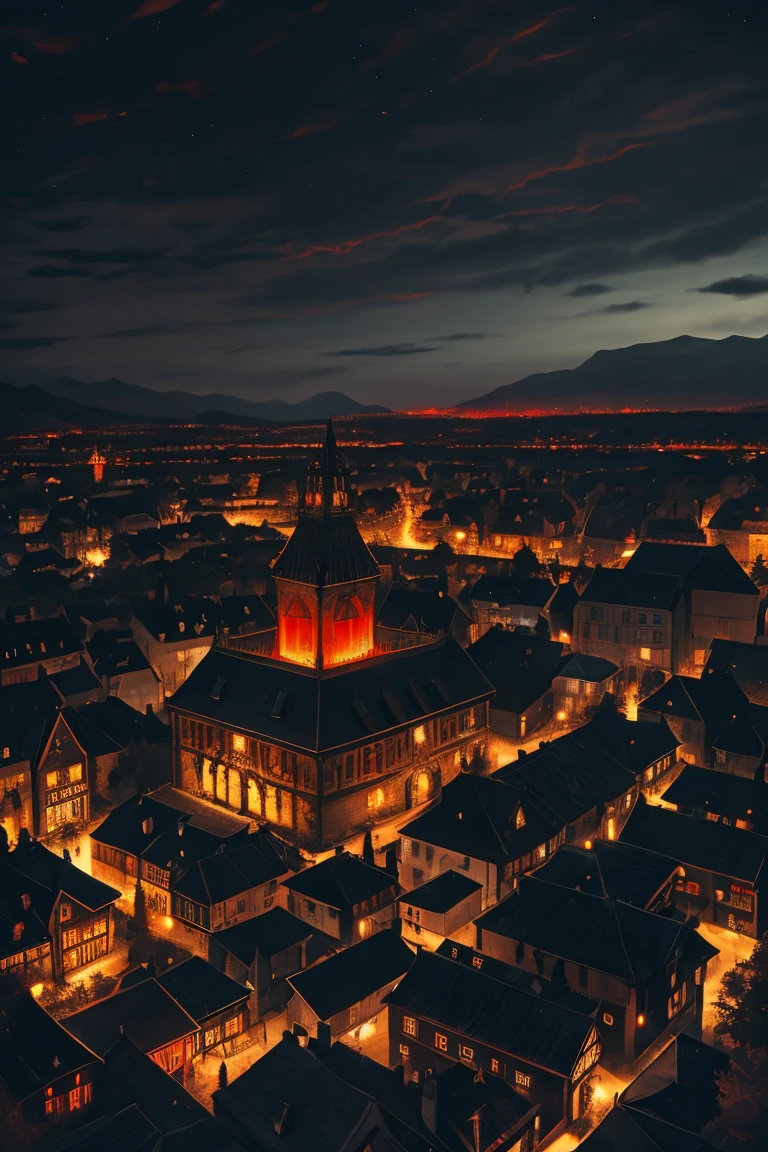 vieux village européen tourné avec vue sur les oiseaux, (yeux rouges brillants), chef-d&#39;œuvre, Profondeur de la limite écrite, Lutz, Oeuvre de style Gwaites, Esthétique gothique, Village des vampires sombres, ((dans le style gothique sombre:1)), ((il fait sombre à minuit:1.5)),