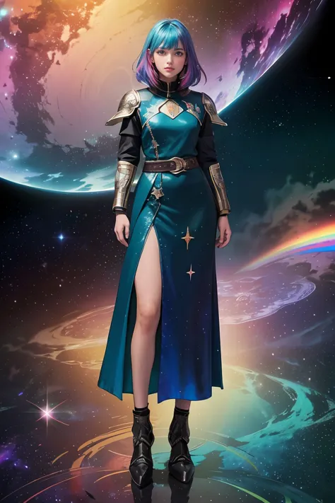 a girl with rainbow colored hair and detailed teal dress armor, standing, rainbow colored cosmic nebula background, stars, galax...