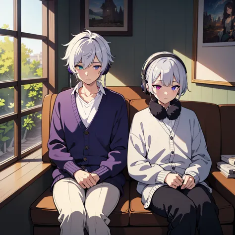 Male with heterochromia and dark blue and purple eyes, Silvery white hair, Wearing a white shirt, Black cardigan, pants, Earmuff...