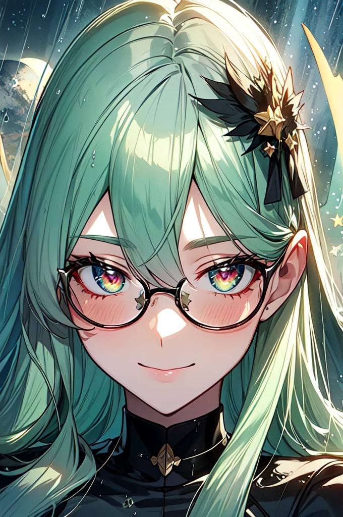 Mature woman, faint smile, big breasts, (Masterpiece, Top Quality, Best Quality, Watercolor (Medium), Official Art, Beautiful and Aesthetic: 1.2), (1 Girl: 1.3), (Fractal Art: 1.3), Star-shaped Pupil, Watching Viewer, Pattern, (Black Hair, Light  Green Hair, Half Green and Half Light Green Hair: 1.2), Blue aura Liquid, Clouds, Colorful, Starry Sky, Stars, Smile, Glasses, Close Up, Rain, Wet, Red Moon, , Glittering Eyes, Wearing Military Uniform, Green Robe.