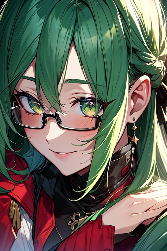 Mature woman, faint smile, big breasts, (Masterpiece, Top Quality, Best Quality, Watercolor (Medium), Official Art, Beautiful and Aesthetic: 1.2), (1 Girl: 1.3), (Fractal Art: 1.3), Star-shaped Pupil, Watching Viewer, Pattern, (Black Hair, Light  Green Hair, Half Green and Half Light Green Hair: 1.2), Blue aura Liquid, Clouds, Colorful, Starry Sky, Stars, Smile, Glasses, Close Up, Rain, Wet, Red Moon, , Glittering Eyes, Wearing Military Uniform, Green Robe.