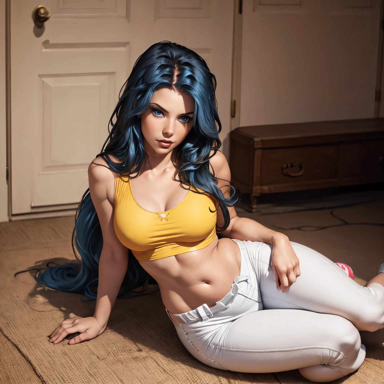 middle part hairstyle, very voluminous light blue hair, very long hair, very wavy hair length to her waist, blue eyes, squinted eyes, thin eyebrows, with a sensual and confident look, wearing a yellow top sleeveless tight with thin straps, belly showing, wearing white pants, closed toe shoes with low heels, woman looking at you, she is a little away from the camera.