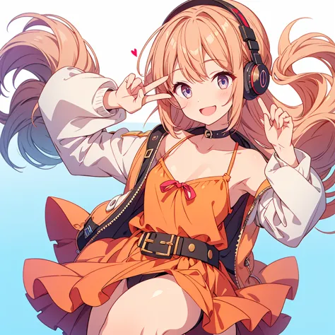 1girl、v sign、headphone、simple background、smile、