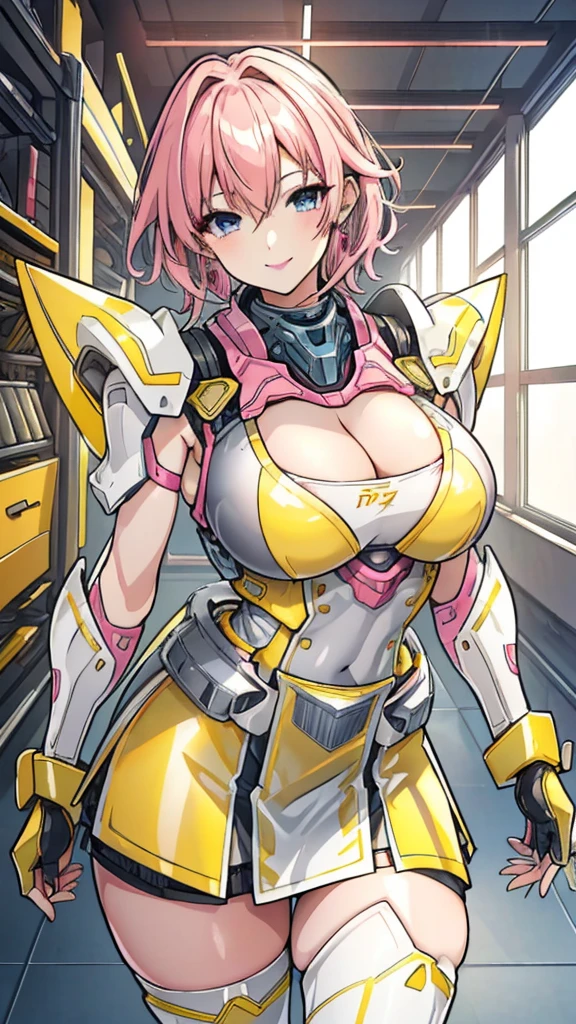 Yellow translucent armor，Arm mecha，Short pink hair，Wavy hair style，Large Breasts，cleavage，Pistol hanging from waist，fighter pilot，fighter hangar，Sexy，Lipstick，Gray eyes，stockings，Short skirt，Smile，Red glasses，earrings，lipstick