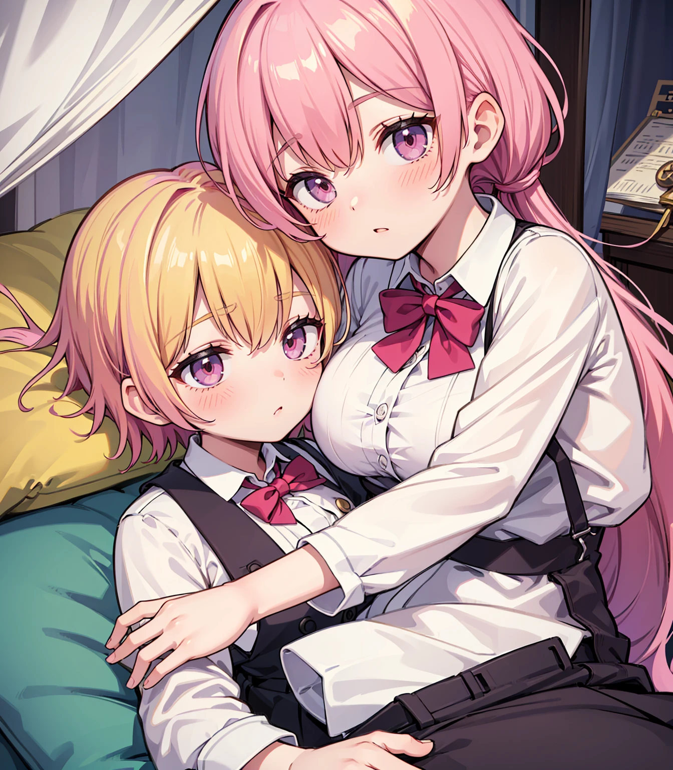 masterpiece, Highest quality, so beautiful, absurdists,High resolution,One girl, One boy,Cuddling in bed, like,sexly,Look at each one, blush,Age difference,bow tie,blondes,chest,Long Hair,Pink Hair,Tucked in shirt,short hair,skirt,Tent shirt,Slut,Big breasted sister and brother,Siblings, trousers,Pushing her big tits against her brother,(My brother&#39;s small erect penis),((((姉のvery huge breasts,Sister crushes her big tits in her brother&#39;s face)))),(((((Very huge breasts))))),((small penis,NSFW,Soft Very HUGE breasts)),((Bursting Breasts,弟の顔を隠すHuge breasts)),((Huge breasts,Large Breasts,とてもLarge Breasts、すごくLarge Breasts、とてつもなくLarge Breasts)),Two people gazing at each other