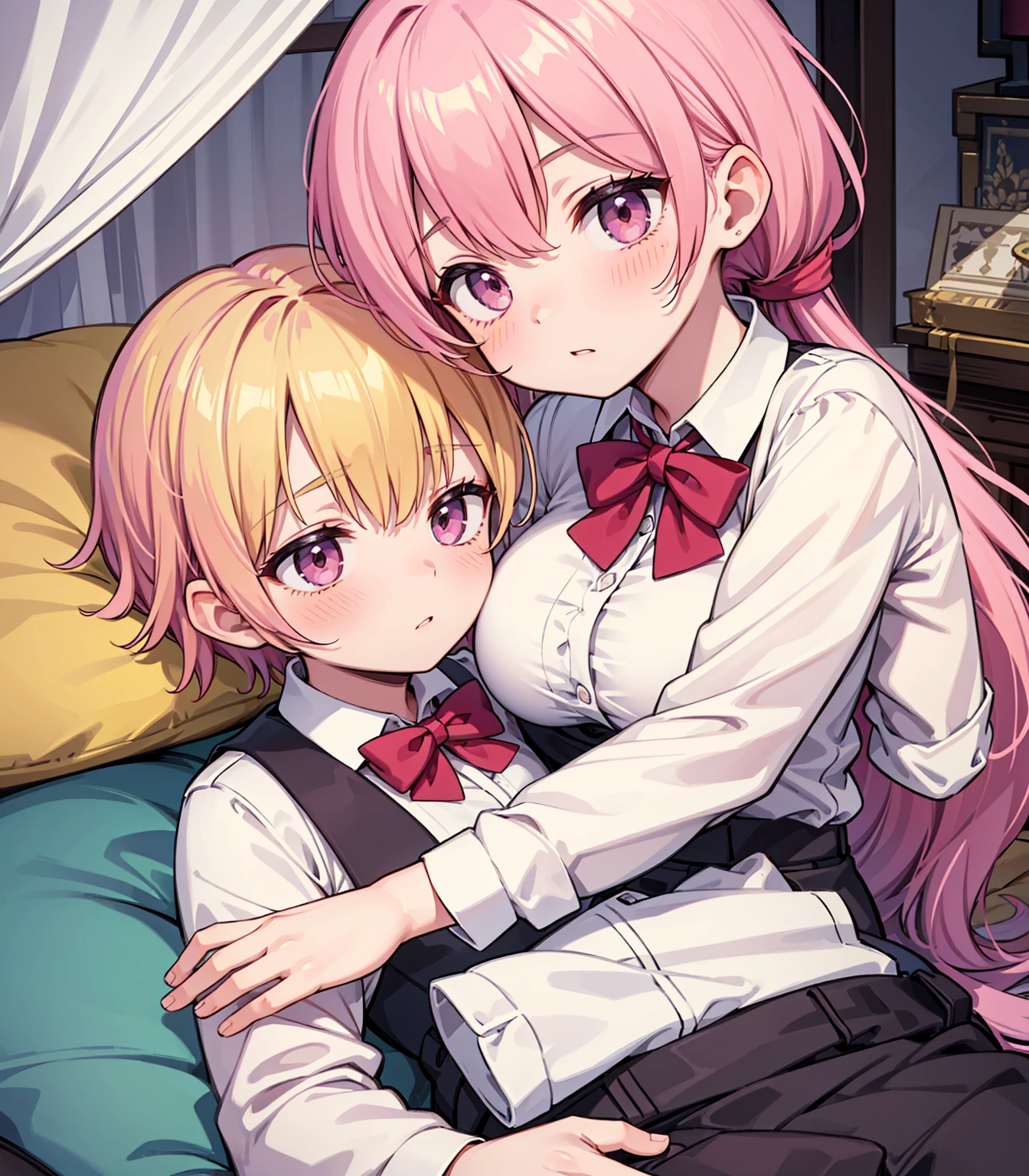 masterpiece, Highest quality, so beautiful, absurdists,High resolution,One girl, One boy,Cuddling in bed, like,sexly,Look at each one, blush,Age difference,bow tie,blondes,chest,Long Hair,Pink Hair,Tucked in shirt,short hair,skirt,Tent shirt,Slut,Big breasted sister and brother,Siblings, trousers,Pushing her big tits against her brother,(My brother&#39;s small erect penis),((((姉のvery huge breasts,Sister crushes her big tits in her brother&#39;s face)))),(((((Very huge breasts))))),((small penis,NSFW,Soft Very HUGE breasts)),((Bursting Breasts,弟の顔を隠すHuge breasts)),((Huge breasts,Large Breasts,とてもLarge Breasts、すごくLarge Breasts、とてつもなくLarge Breasts)),Two people gazing at each other