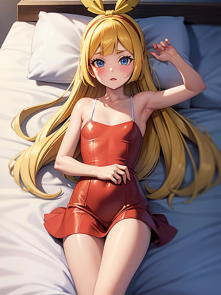 Lillie(Pokémon), rotes Nachthemd, auf dem Bett liegen, lange Haare, nude