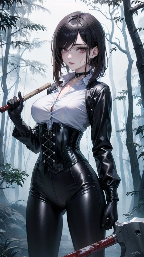 ((blood droplets)), ((blood)), ((blood splatter)), ((blood on clothes)), ((blood stain)), Masterpiece, Beautiful art, professional artist, 8k, Very detailed face, Detailed clothing, detailed fabric, 1 girl, front view, standing, BIG BREASTS, perfectly drawn body, shy expression, pale skin, beautiful face, long black hair, 4k eyes, very detailed eyes, pink cheeks, choker:1.6, (white long sleeve button down shirt with white collar), black gloves, gloves that cover hands, (holds an ax with his right hand), (black leather corset), (shiny black leggings), Sensual Lips, show details in the eyes, looking at the viewer, dark forest, Atmosphere, fog, At night