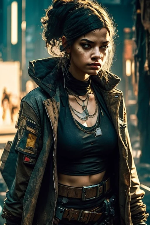 Cyberpunk, Scavenger, young woman, dressed in rags, dressed seductively