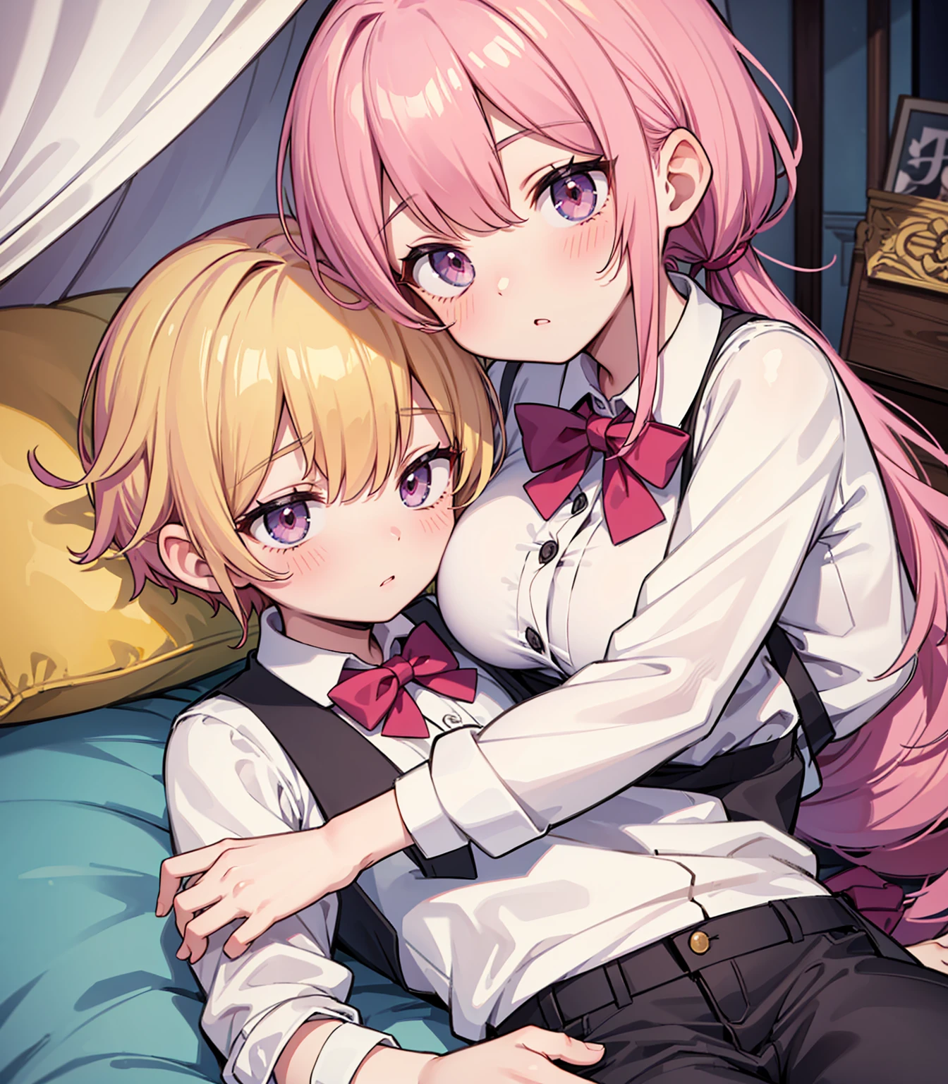 masterpiece, Highest quality, so beautiful, absurdists,High resolution,One girl, One boy,Cuddling in bed, like,sexly,Look at each one, blush,Age difference,bow tie,blondes,chest,Long Hair,Pink Hair,Tucked in shirt,short hair,skirt,Tent shirt,Slut,Big breasted sister and brother,Siblings, trousers,Pushing her big tits against her brother,(My brother&#39;s small erect penis),((((姉のvery huge breasts,Sister crushes her big tits in her brother&#39;s face)))),(((((Very huge breasts))))),((small penis,NSFW,Soft Very HUGE breasts)),((Bursting Breasts,弟の顔を隠すHuge breasts)),((Huge breasts,Large Breasts,とてもLarge Breasts、すごくLarge Breasts、とてつもなくLarge Breasts)),Two people gazing at each other